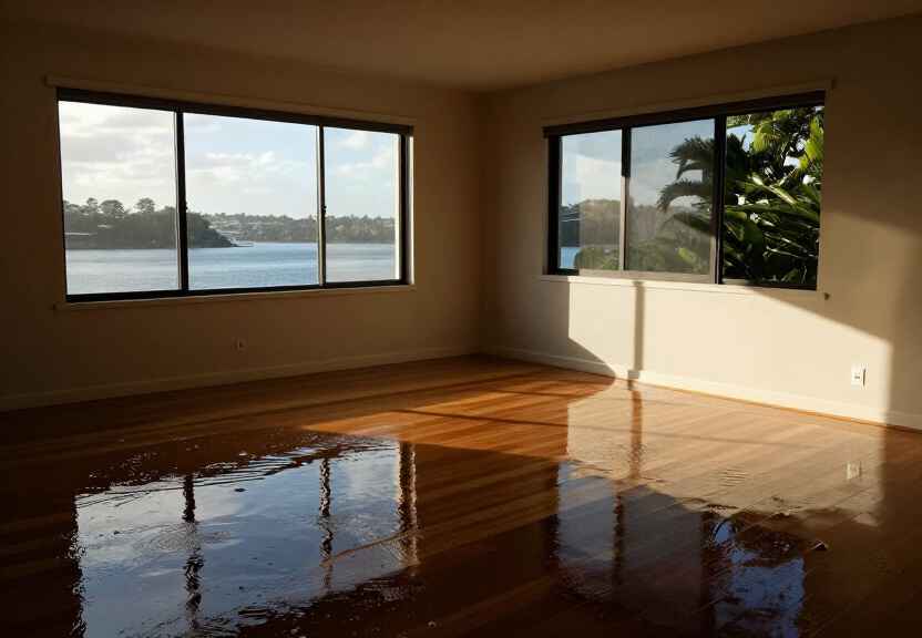 Flooded living room in Menai before restoration
